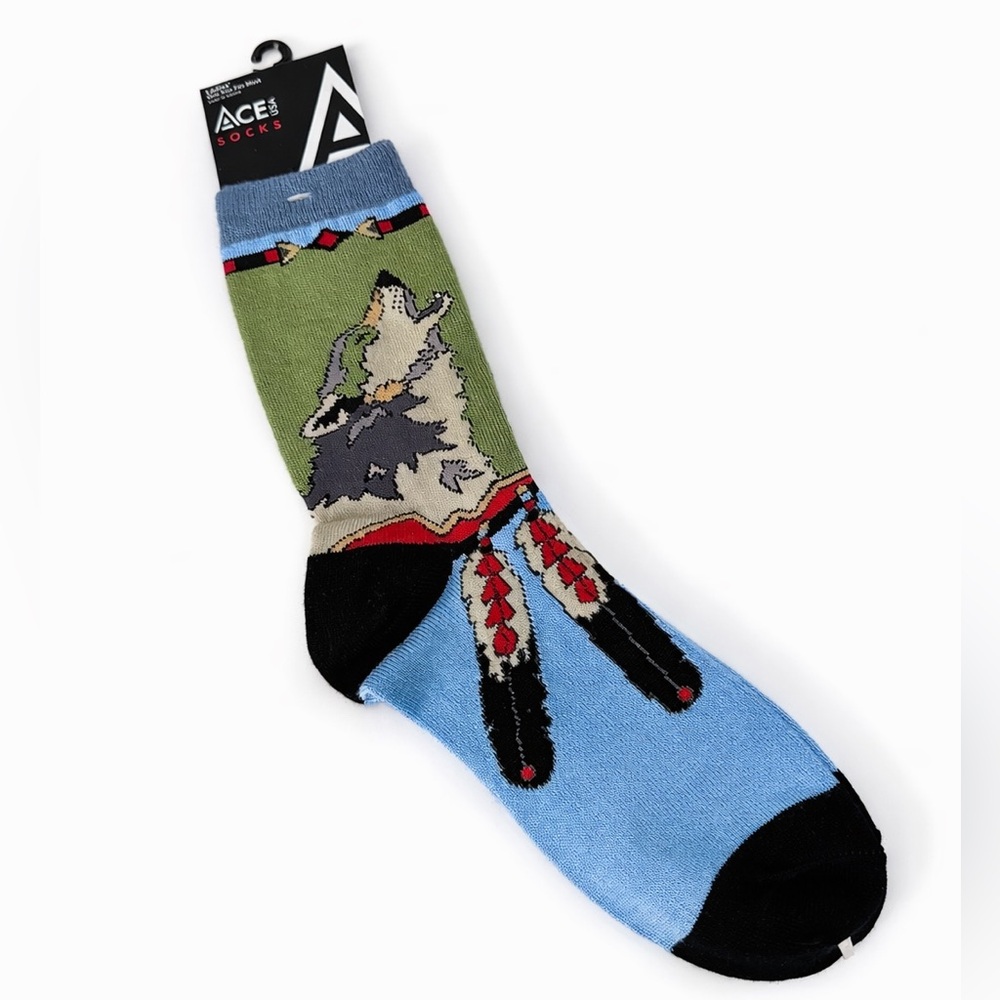 ACE Socks Howling Wolf Feather Novelty Crew Socks Womens One Size NWT